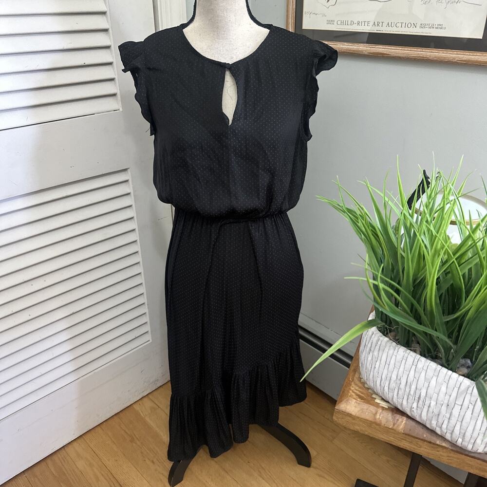 Aware Dress Medium Black Satin Tiered Asymmetric Midi Flutter Sleeve Minimalist